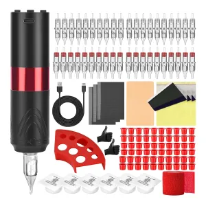 ATOMUS Cordless Tattoo Pen Machine Kit, 1600mah Rechargeable Pen Style Tattoo Cartridge Machine with Digital OLED Display 40pcs Tattoo Cartridge Needles 60pcs Ink Cups 6pcs Tattoo Dip Foam Cup (Red)
