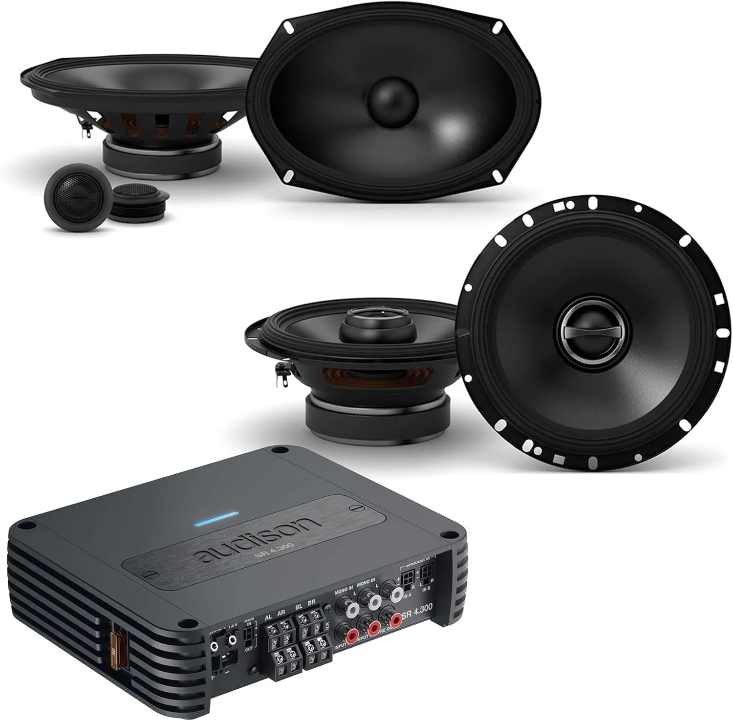 Audison SR 4.300 D-Class 4-Channel Amplifier with S-S69C S-Series 6x9-inch Component 2-Way Speakers and 1 Pair of S-S65 S-Series 6.5-inch Coaxial 2-Way Speakers