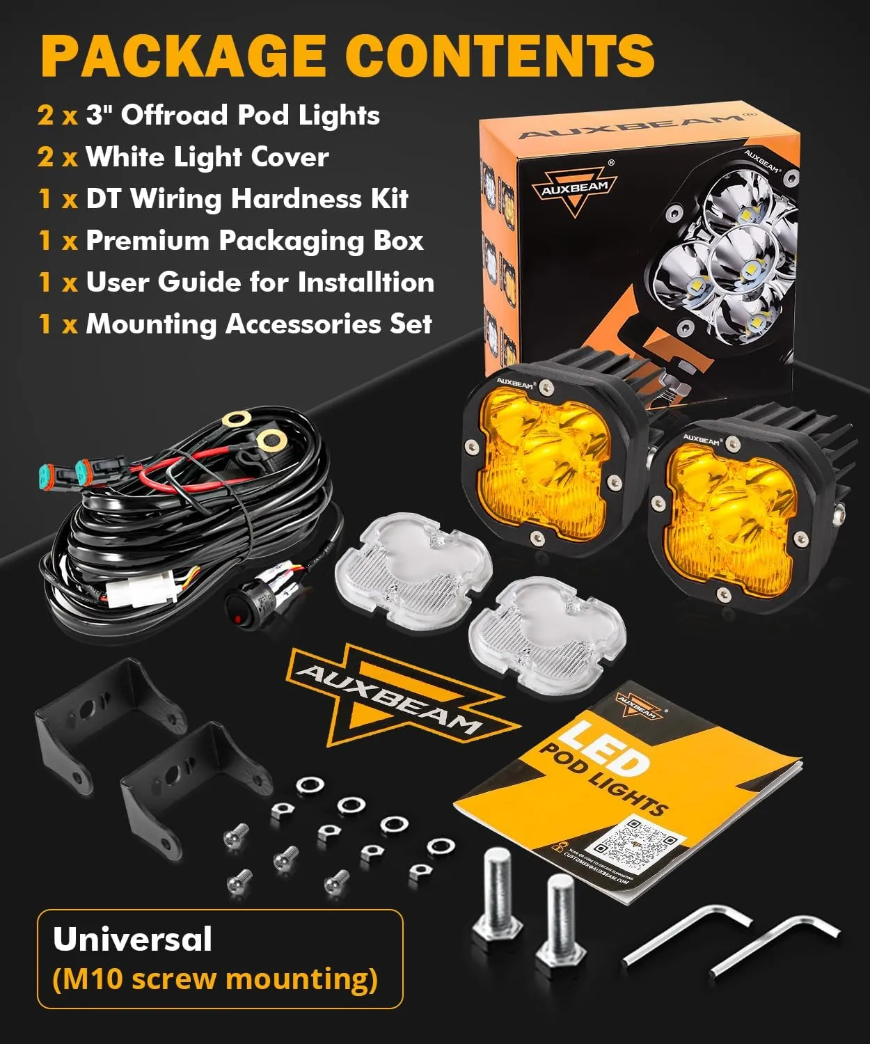 Auxbeam 3 inch Led Pods Amber Fog White Off Road Driving Light XP-Ultra Series Spot Flood Combo Offroad LED Cube Lights 80W Auxiliary Ditch Light for Jeep ATV Wrangler Ford Truck Pickup, Pair