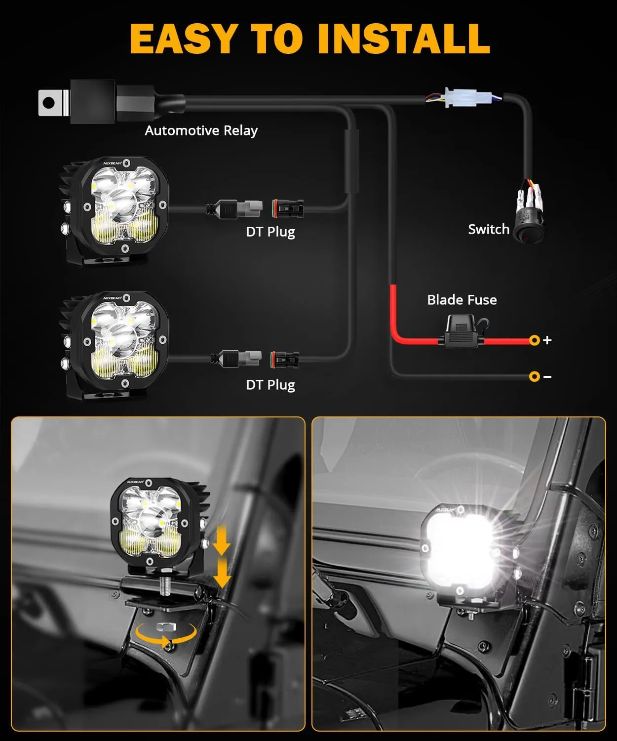 Auxbeam 3 inch Led Pods Amber Fog White Off Road Driving Light XP-Ultra Series Spot Flood Combo Offroad LED Cube Lights 80W Auxiliary Ditch Light for Jeep ATV Wrangler Ford Truck Pickup, Pair