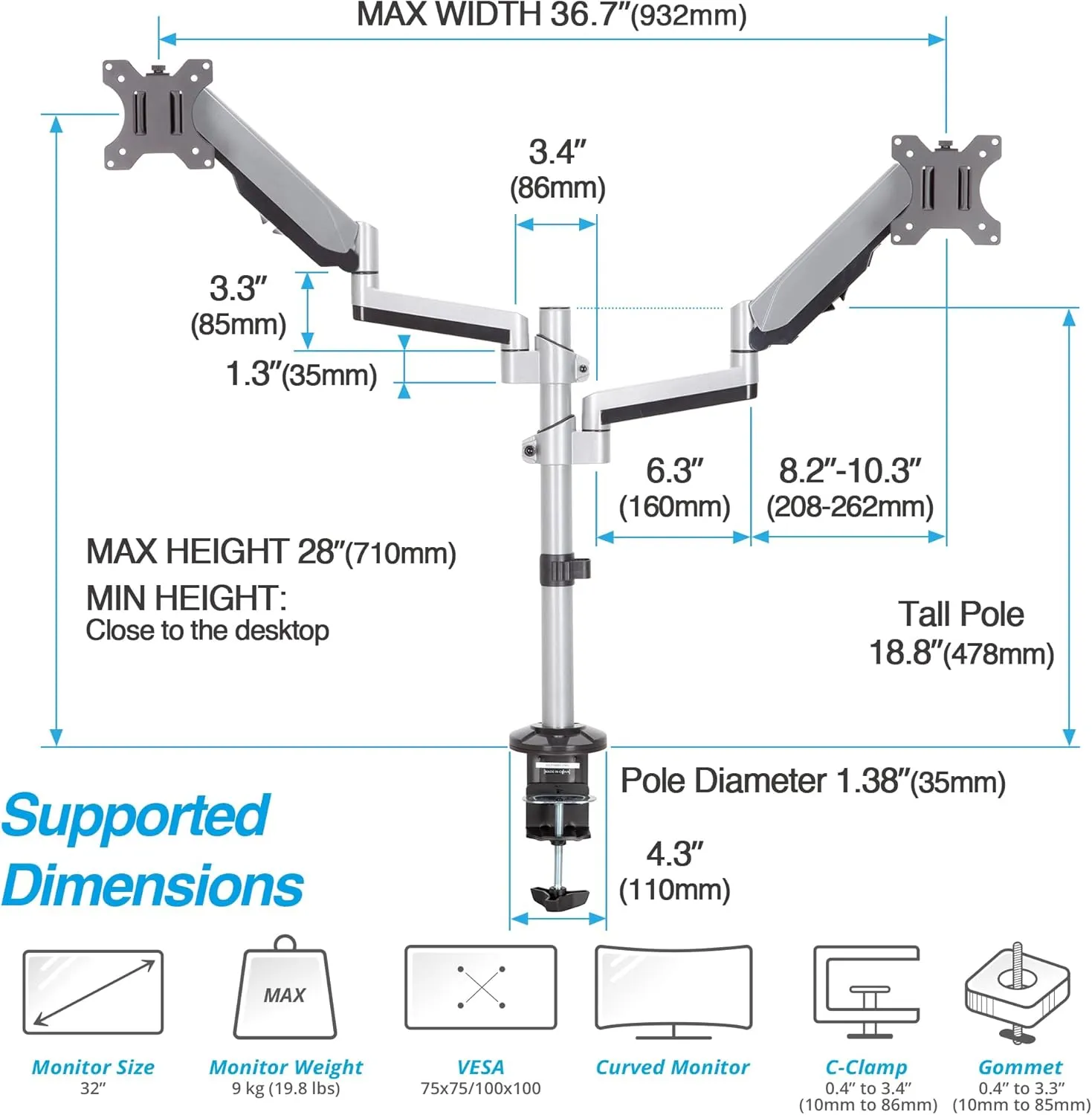 AVLT Dual 13"-32" Stacked Monitor Arm Desk Mount fits Two Flat/Curved Monitor Full Motion Height Swivel Tilt Rotation Adjustable Monitor Arm - Extra Tall/VESA/C-Clamp/Grommet