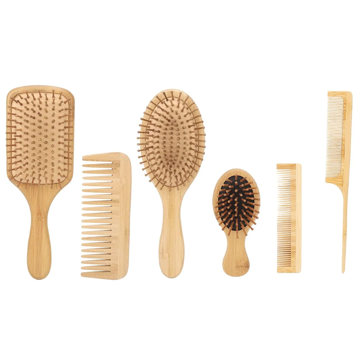 Bamboo Hair & Beard Comb Set 6Pcs | Comfort Detangling Brush for Salon/Home/Travel | Gentle Massage & Styling Kit | Plant - based Static - Reducing Design