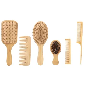 Bamboo Hair & Beard Comb Set 6Pcs | Comfort Detangling Brush for Salon/Home/Travel | Gentle Massage & Styling Kit | Plant - based Static - Reducing Design