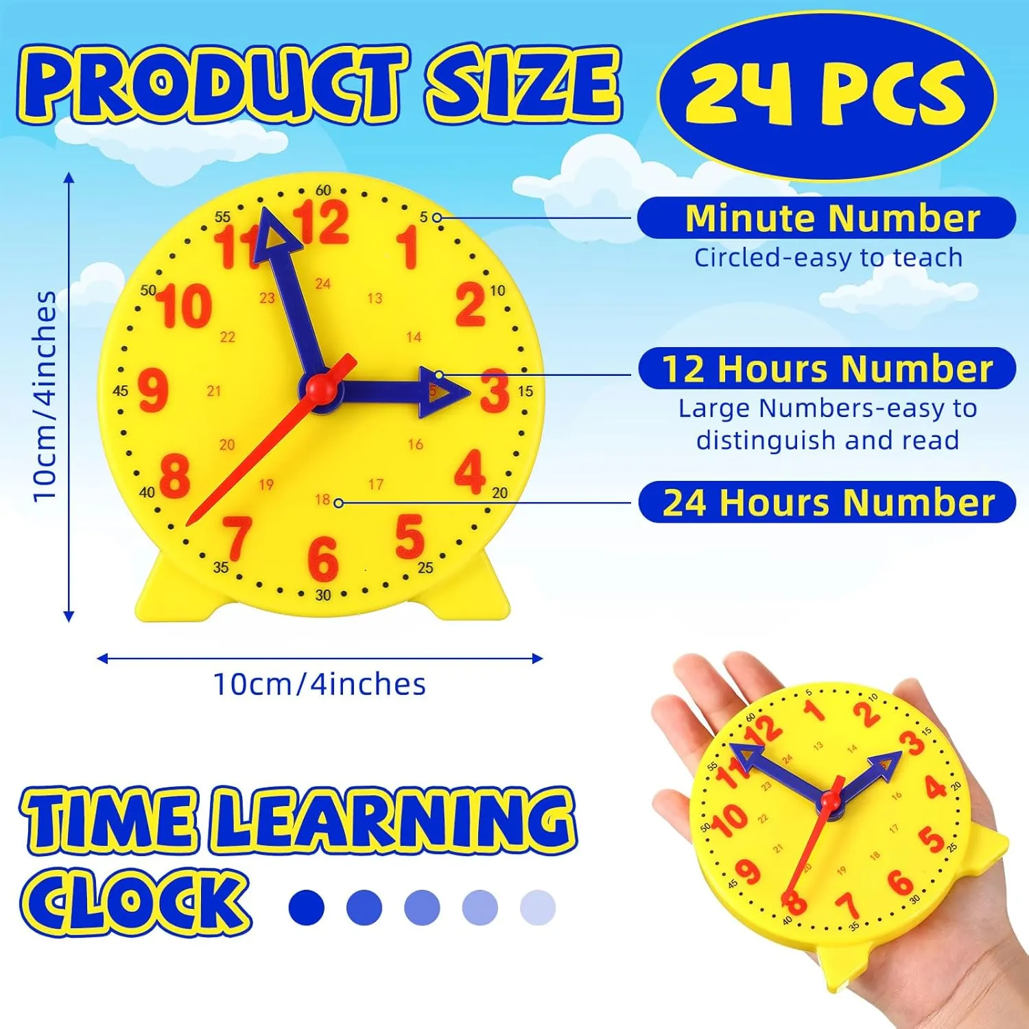 Batiyeer 24 Pcs Teaching Clock Kit for Kids to Tell Time Teaching Mini Geared Clock for Kids Basic Math Development Teacher and Classroom Supplies, 4 Inch(Yellow)