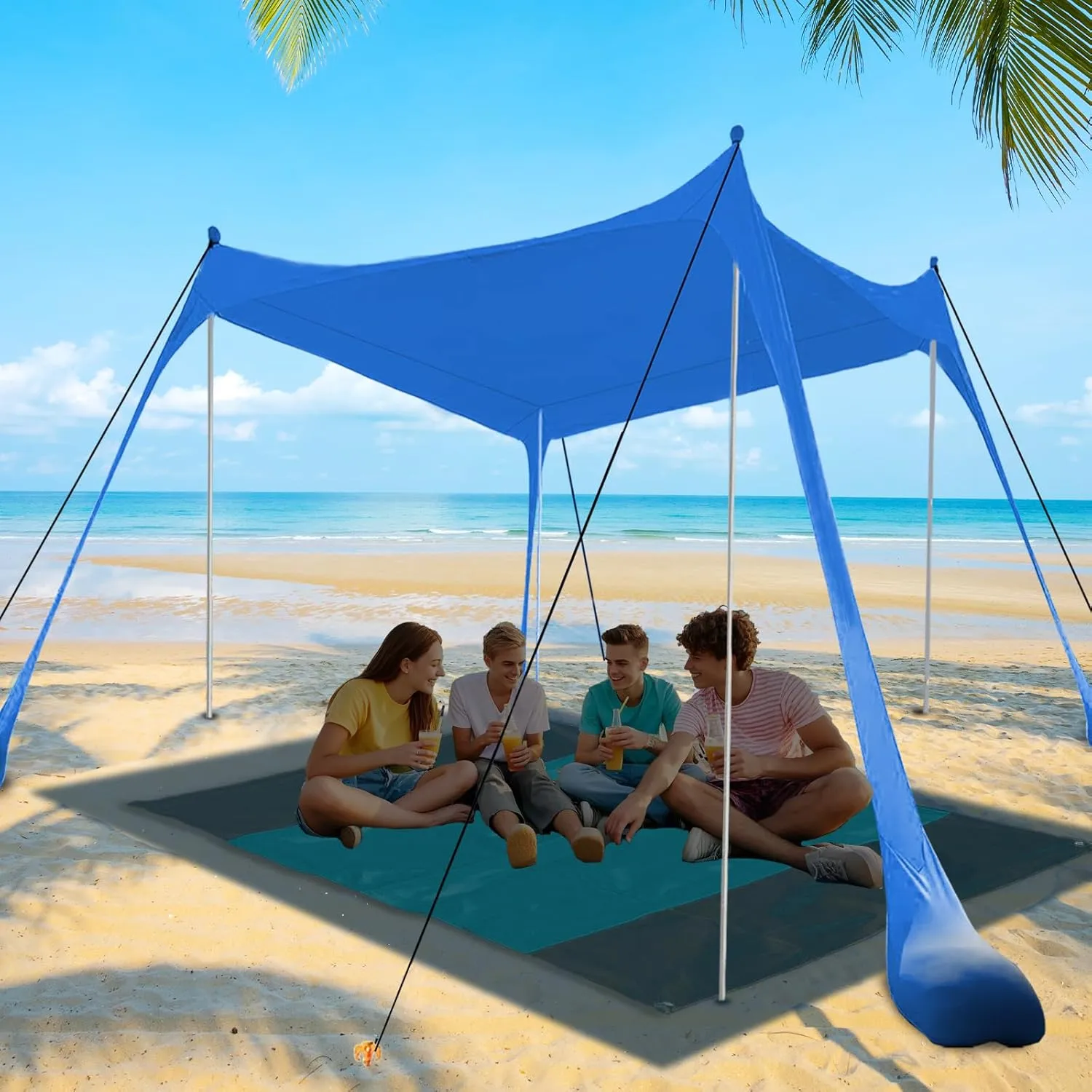 Beach Canopy, Beach Tent Sun Shelter with Beach Blanket, Beach Shade 11x11 FT with UPF 50  UV Protection, Beach Sun Shade for Beach, Camping, Backyard and Picnics