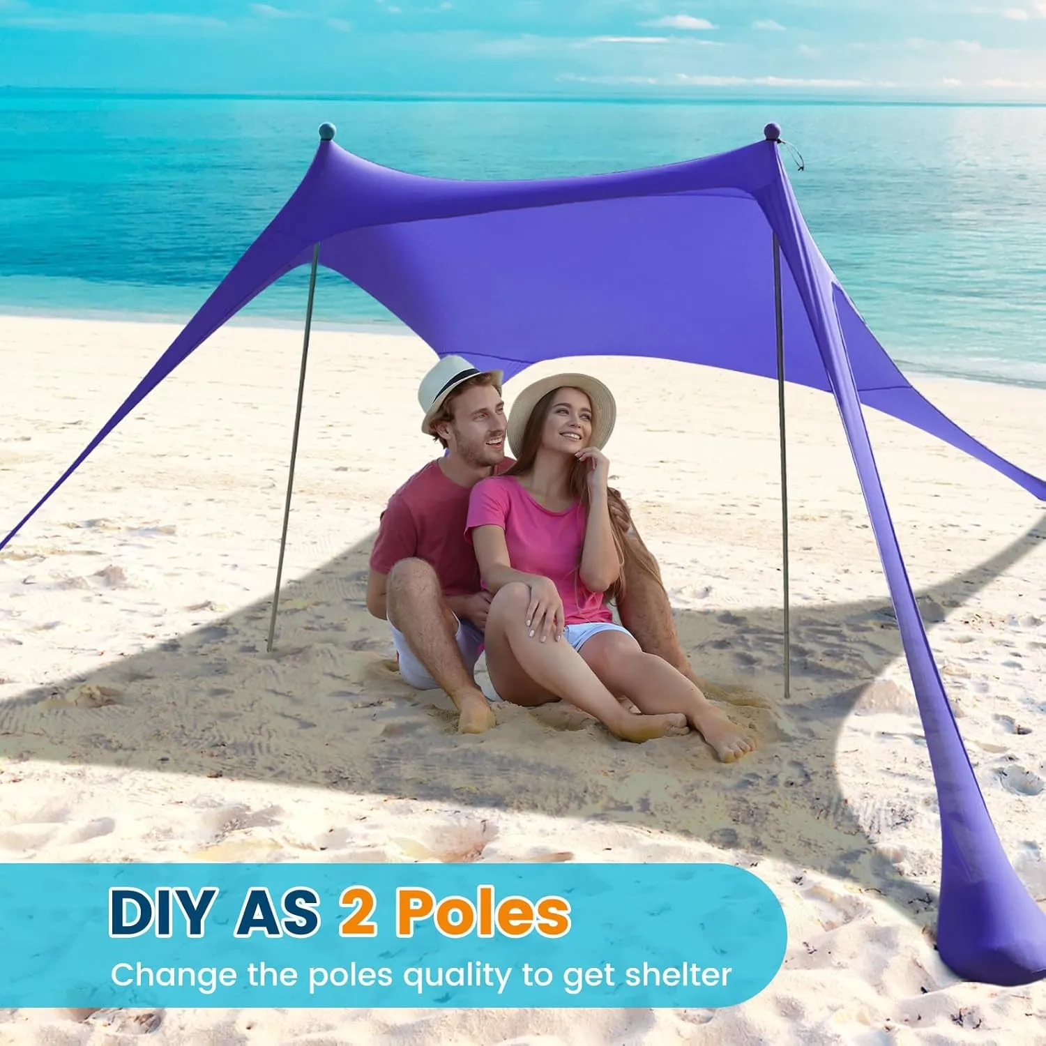 Beach Tent - 10 x 10 FT Beach Canopy, Portable Beach Tent Sun Shelter UPF50 with 4 Sandbags, Stability Poles, Ground Pegs and Anti-Wind Ropes, Outdoor Beach Shade Canopy for Beach Camping Picnics