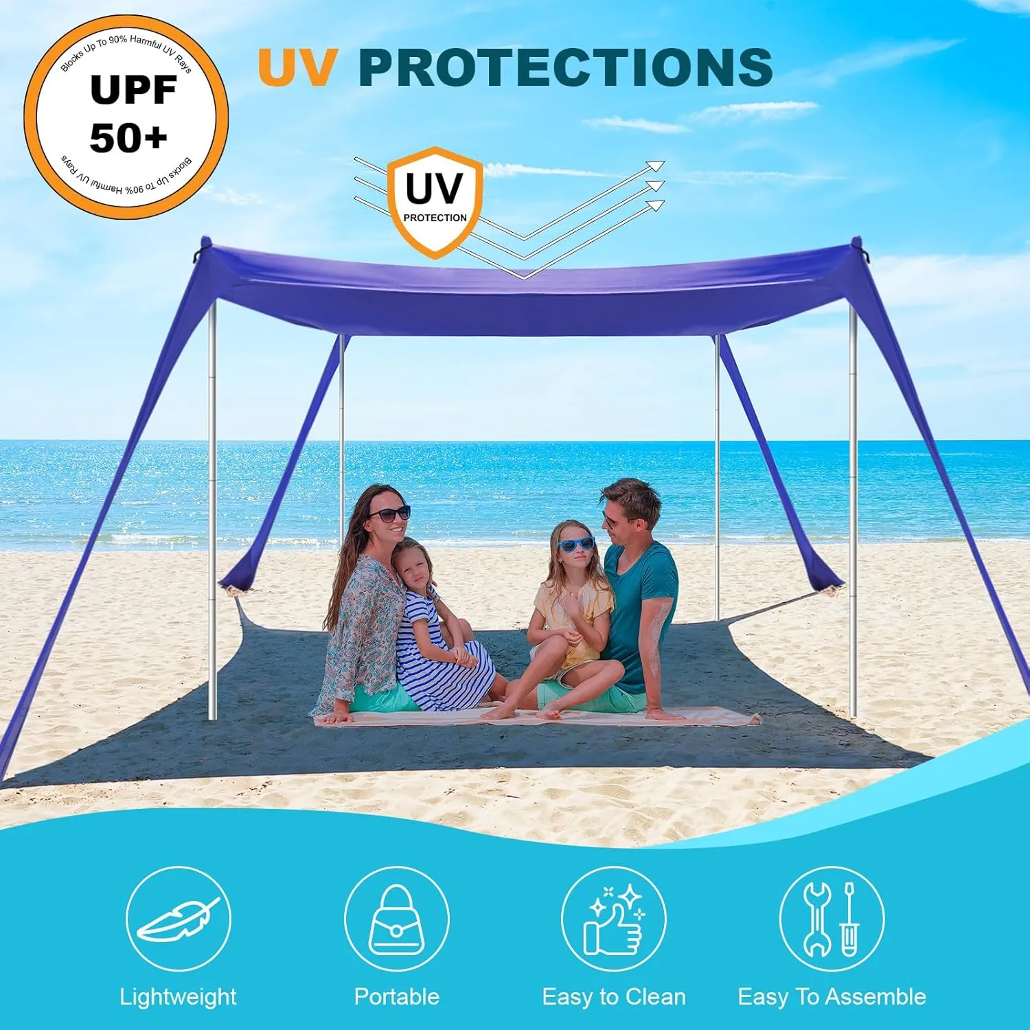 Beach Tent - 10 x 10 FT Beach Canopy, Portable Beach Tent Sun Shelter UPF50 with 4 Sandbags, Stability Poles, Ground Pegs and Anti-Wind Ropes, Outdoor Beach Shade Canopy for Beach Camping Picnics