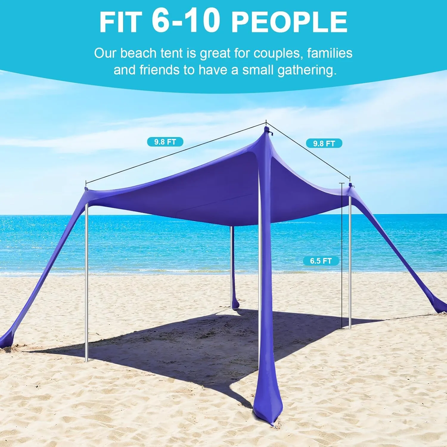 Beach Tent - 10 x 10 FT Beach Canopy, Portable Beach Tent Sun Shelter UPF50 with 4 Sandbags, Stability Poles, Ground Pegs and Anti-Wind Ropes, Outdoor Beach Shade Canopy for Beach Camping Picnics