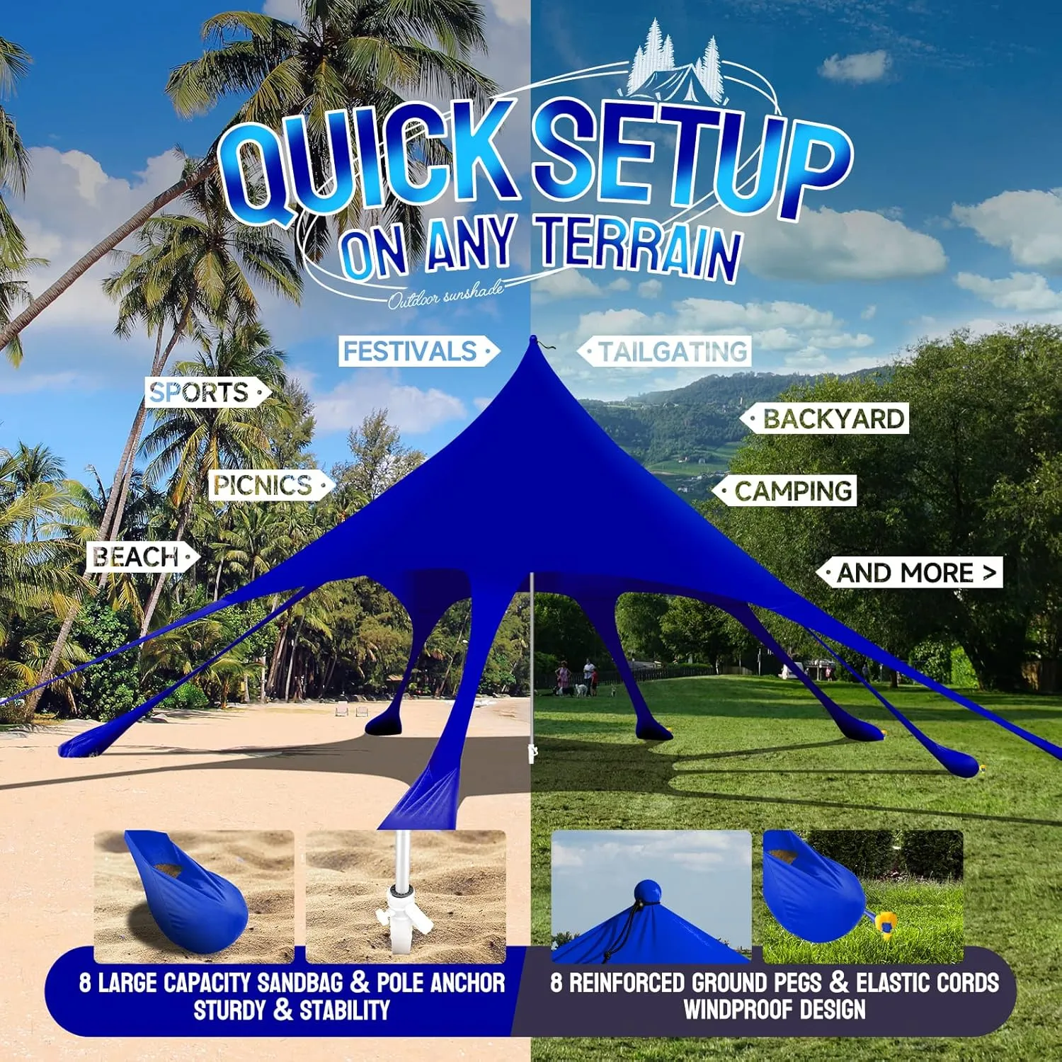 Beach Tent Canopy Pop Up Shade Sun Shelter 10x10ft Portable Family Sunshade UPF50  with 8 Sandbags-2 Sand Shovel-Easy Foldable Pole-Pole Anchor-Ground Pegs-Carrying Bag for Outdoor Camping