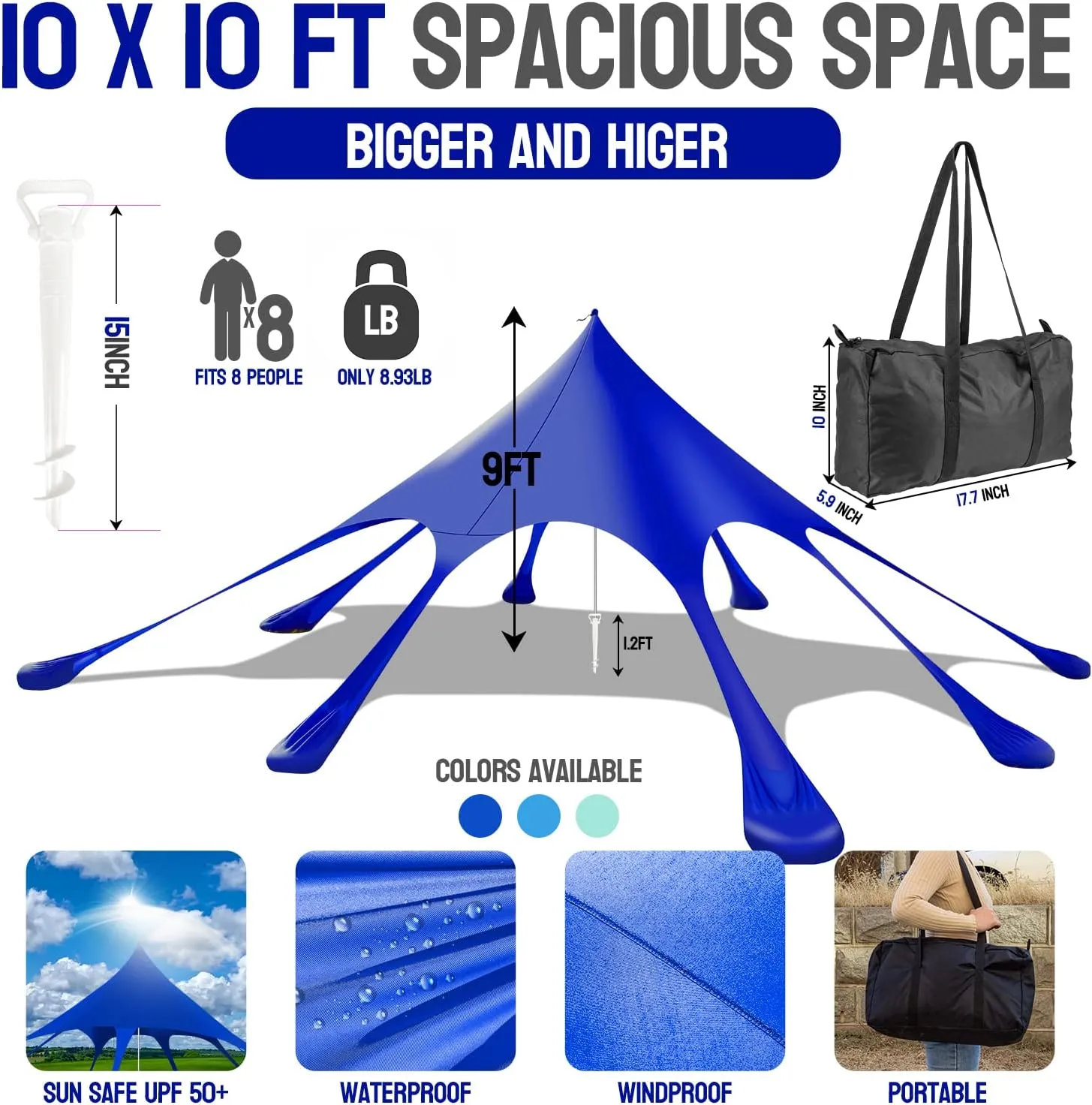 Beach Tent Canopy Pop Up Shade Sun Shelter 10x10ft Portable Family Sunshade UPF50  with 8 Sandbags-2 Sand Shovel-Easy Foldable Pole-Pole Anchor-Ground Pegs-Carrying Bag for Outdoor Camping