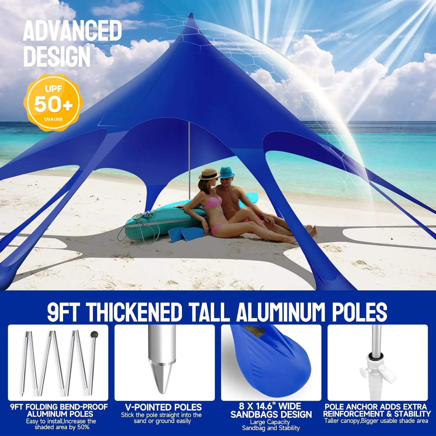 Beach Tent Canopy Pop Up Shade Sun Shelter 10x10ft Portable Family Sunshade UPF50  with 8 Sandbags-2 Sand Shovel-Easy Foldable Pole-Pole Anchor-Ground Pegs-Carrying Bag for Outdoor Camping