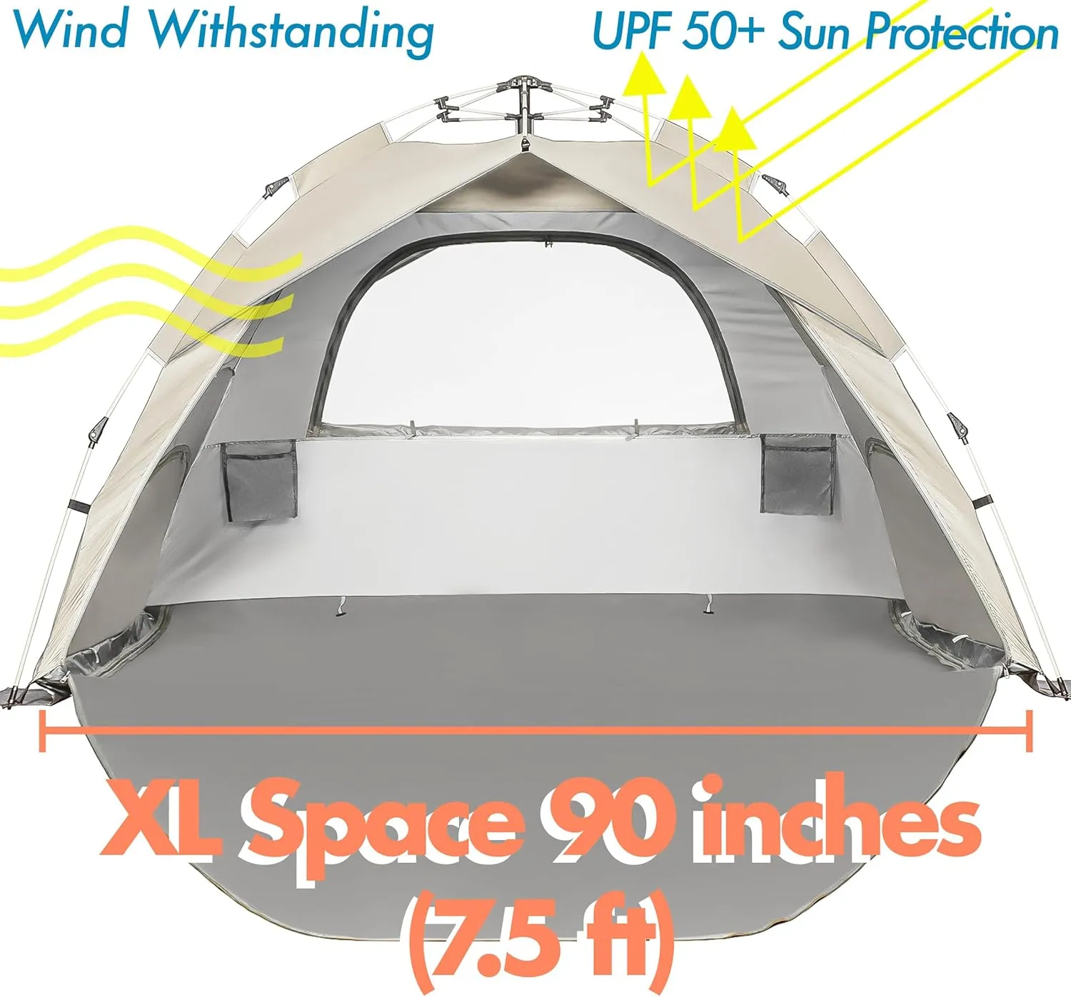 Beach Tent Pop Up Beach Sun Shade Tent with UPF 50  UV Protection, Removable Floor Zippered Privacy & Ventilation Sun Shelter Family 3 to 4 Person