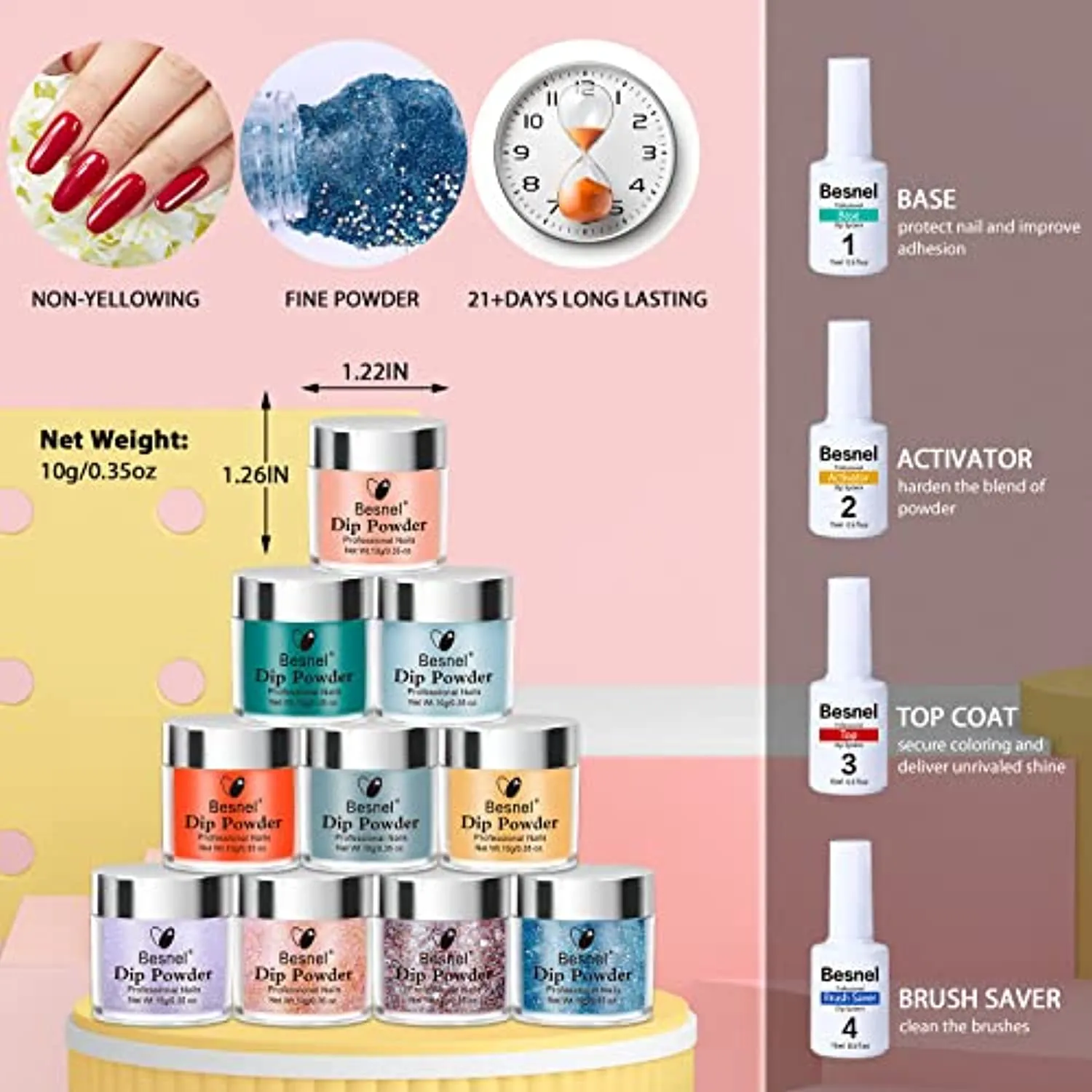 Besnel 42 Colors Dip Powder Nail Kit, Glitter Acrylic Dipping Powder Liquid Set with Base&Top Coat Activator Brush Saver Dip Nail Kit for DIY Salon Beginner French Nail Manicure Nail Quick Drying No Lamp Needed