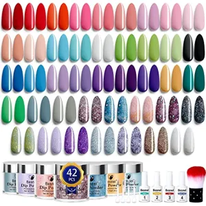 Besnel 42 Colors Dip Powder Nail Kit, Glitter Acrylic Dipping Powder Liquid Set with Base&Top Coat Activator Brush Saver Dip Nail Kit for DIY Salon Beginner French Nail Manicure Nail Quick Drying No Lamp Needed