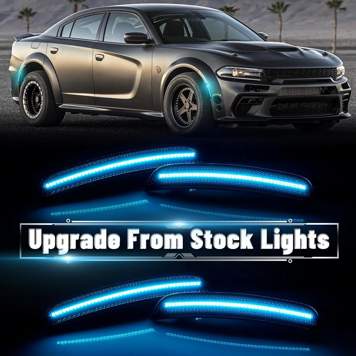 Bestview LED Side Marker Lights for Dodge Charger 2015-2023, Smoked Lens Front&Rear Bumper Turn Signal Lamp Assembly Kit accessories,Pack of 4 (Ice Blue)