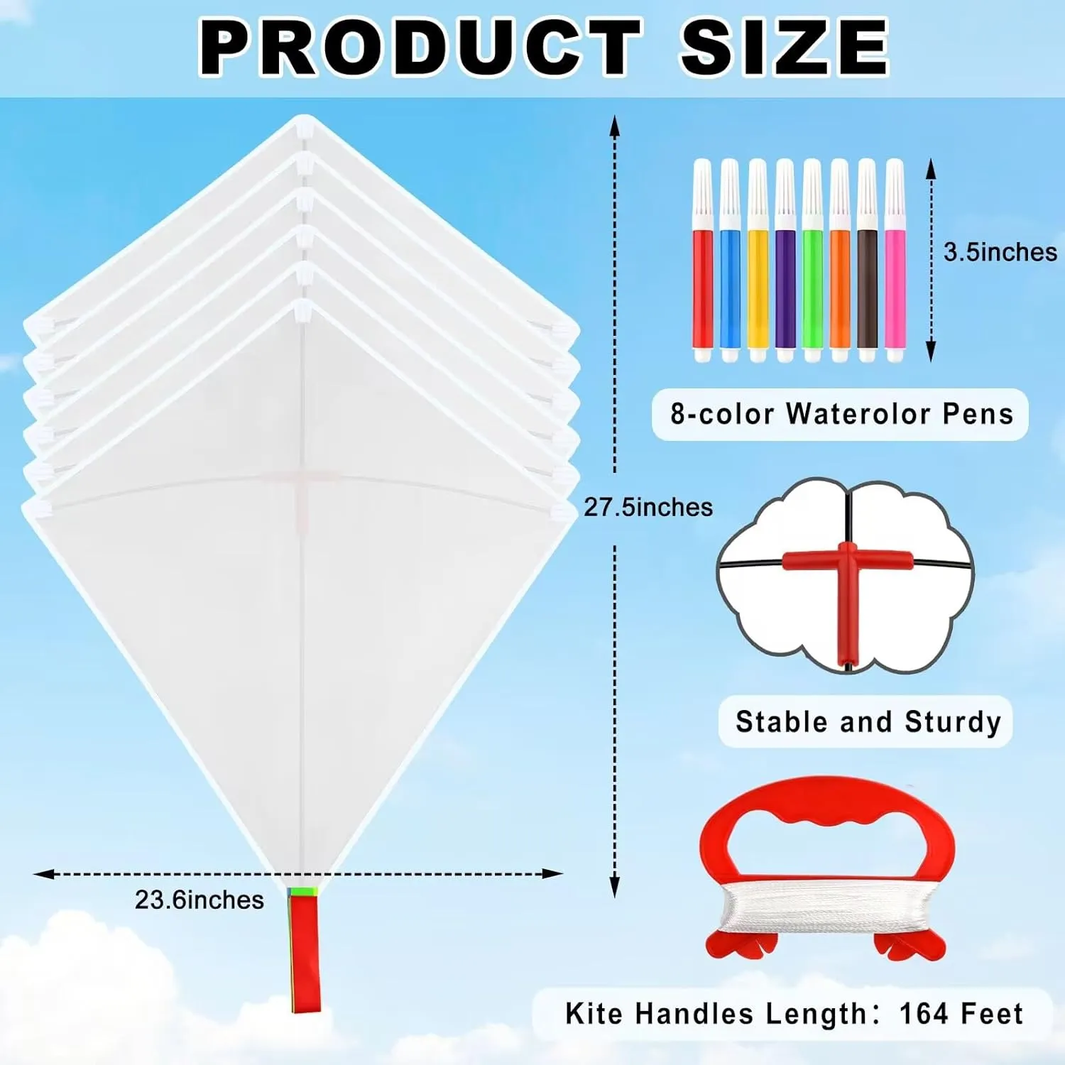 Binary Dust DIY Kite Making Kit - Blank Diamond-Shaped Kite, White, Comes With Watercolor Pens and 164 ft String for Outdoor Activities
