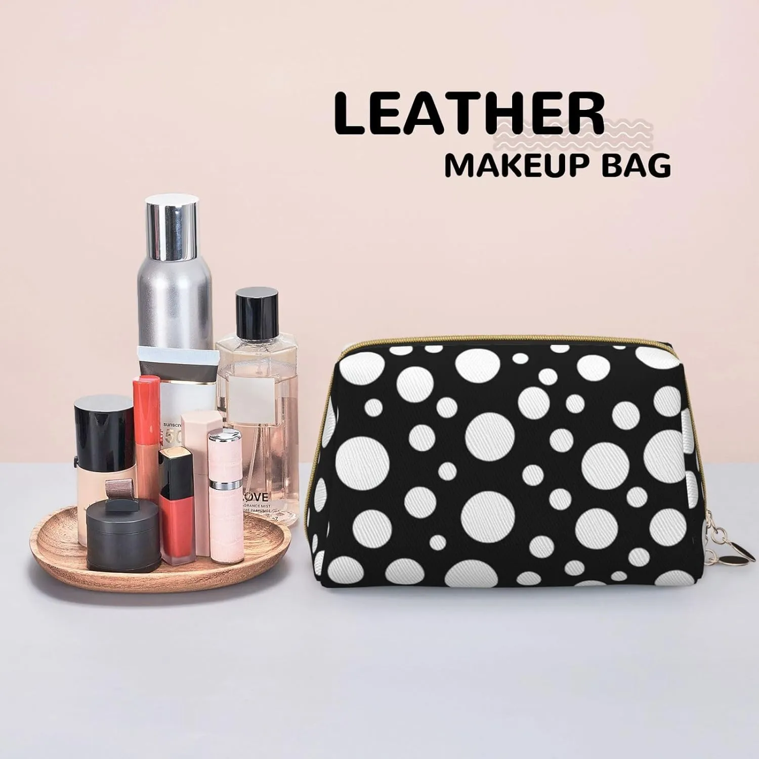 Black White Polka Dot Toiletry Pouch, Travel-Friendly Makeup Organizer For Makeup Brushes, Lipsticks