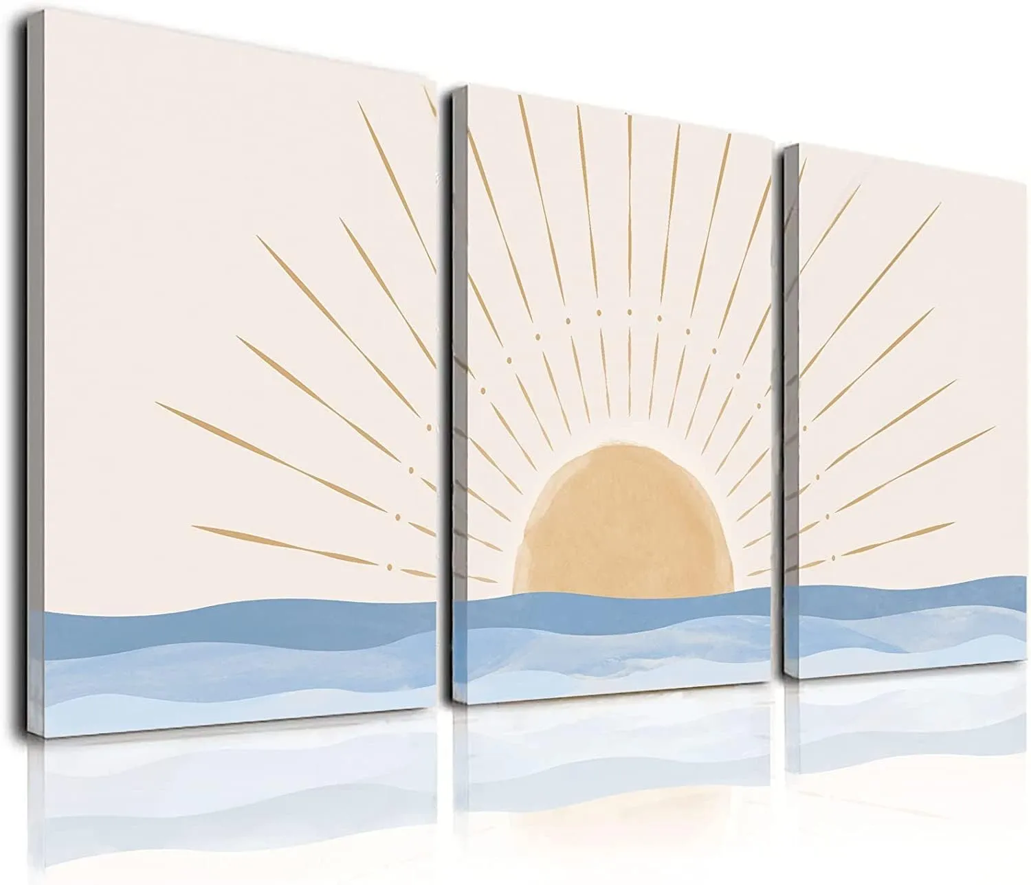 Boho Minimalist Wall Art Set of 3, Framed Canvas Prints - Geometric Line Sunrise Designs, Modern Neutral Wall Art for Living Room, Bedroom, Bathroom, Office, Hotel