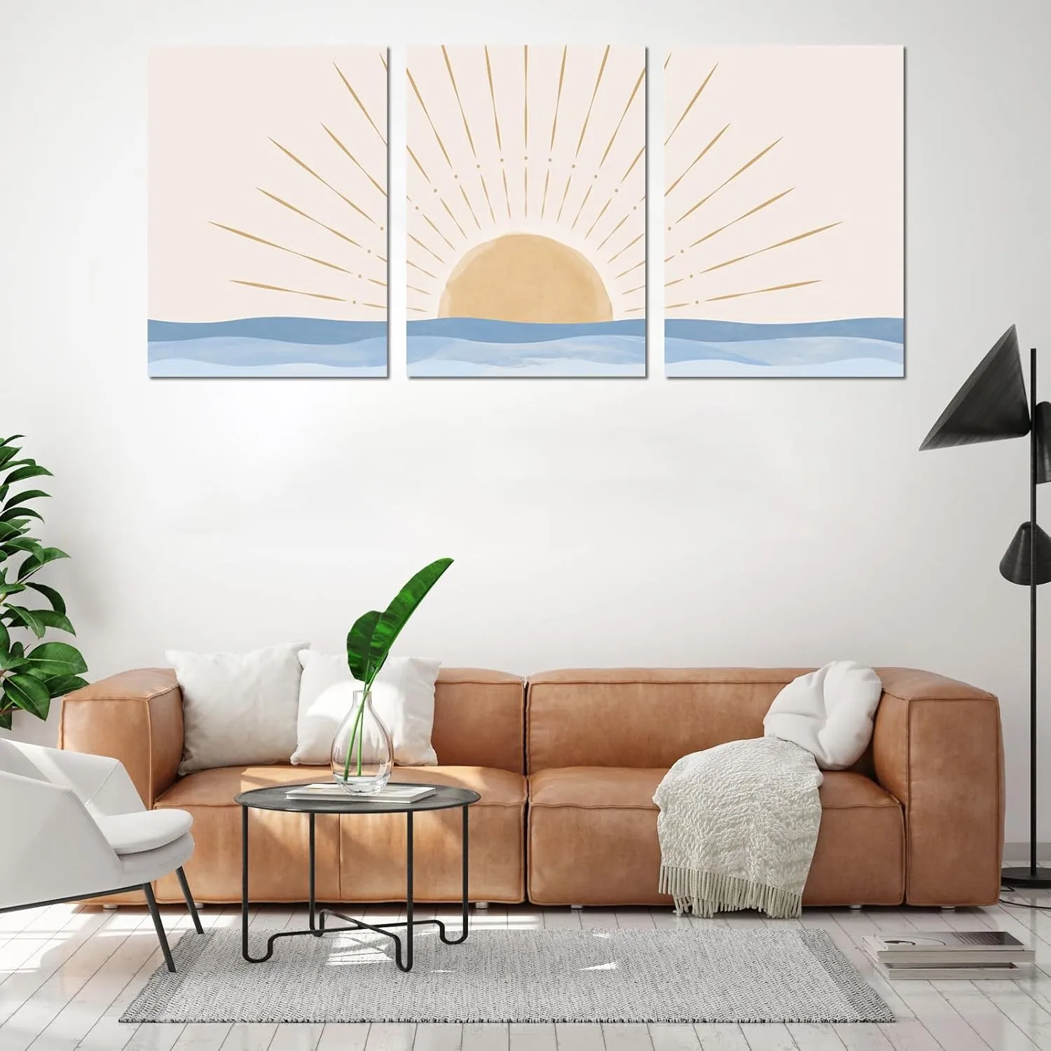 Boho Minimalist Wall Art Set of 3, Framed Canvas Prints - Geometric Line Sunrise Designs, Modern Neutral Wall Art for Living Room, Bedroom, Bathroom, Office, Hotel