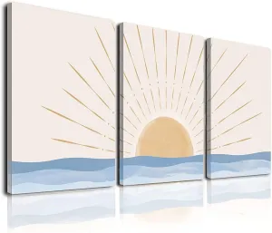 Boho Minimalist Wall Art Set of 3, Framed Canvas Prints - Geometric Line Sunrise Designs, Modern Neutral Wall Art for Living Room, Bedroom, Bathroom, Office, Hotel
