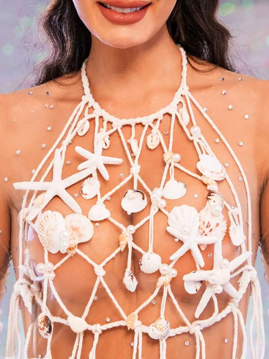 Boho Summer Tops – Pearl Shell Mesh Fringe Tank Top