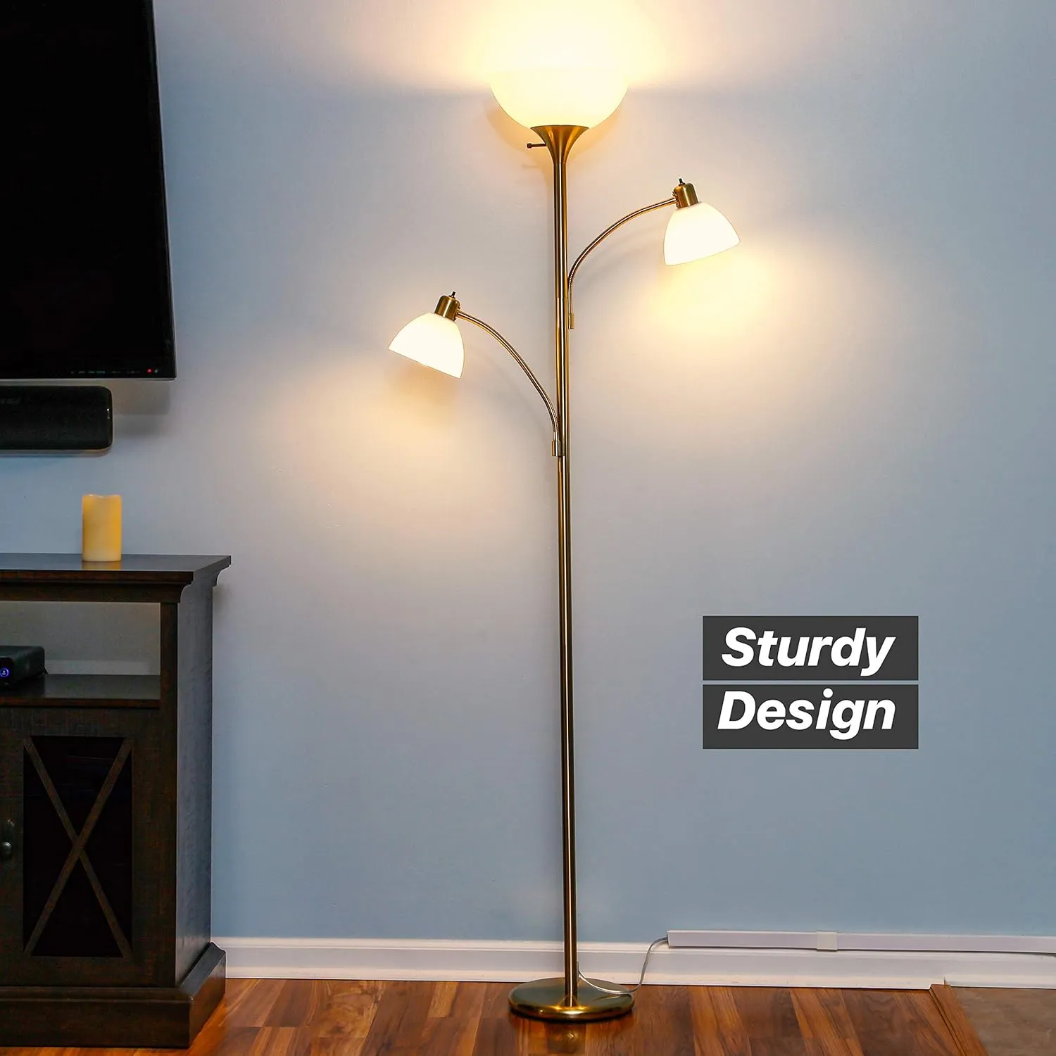 Brightech Sky Dome Double LED Floor lamp, Torchiere Super Bright Floor Lamp with 2 Reading Lamps for Living Rooms & Offices - Dimmable Tall Standing Lamp for Bedroom Reading - Tall Brass Pole