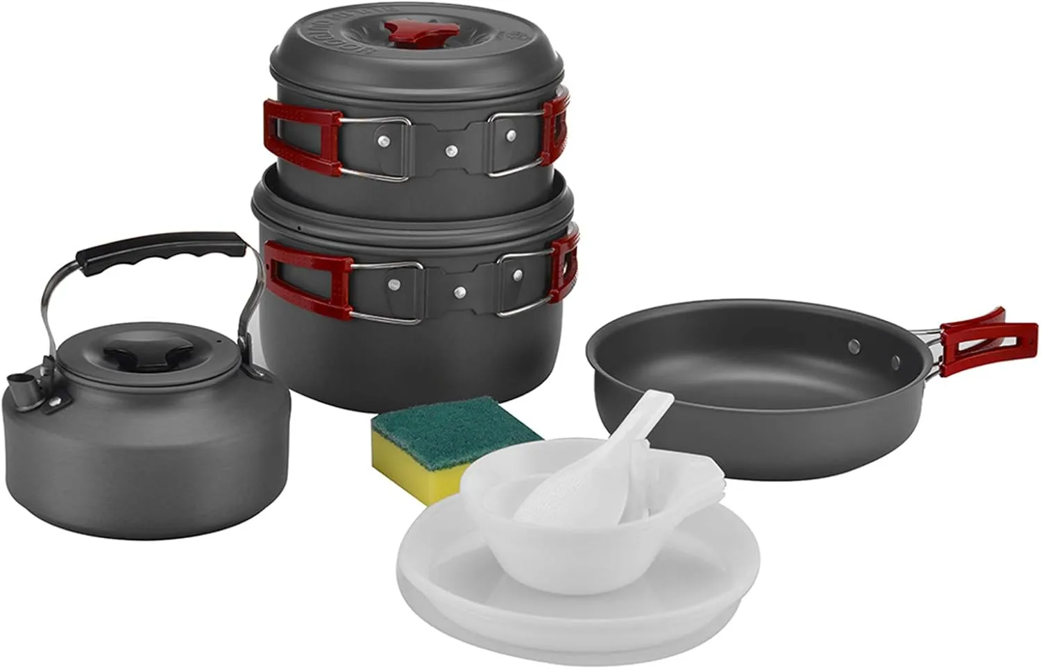 Bulin 13Pcs Camping Cookware Mess Kit, Nonstick Backpacking Cooking Set, Outdoor Cook Gear for Family Hiking, Picnic Lightweight Cookware Sets(Kettle, Pots, Frying Pan, BPA-Free Bowls, Plates, Spoon)