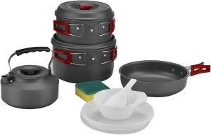 Bulin 13Pcs Camping Cookware Mess Kit, Nonstick Backpacking Cooking Set, Outdoor Cook Gear for Family Hiking, Picnic Lightweight Cookware Sets(Kettle, Pots, Frying Pan, BPA-Free Bowls, Plates, Spoon)