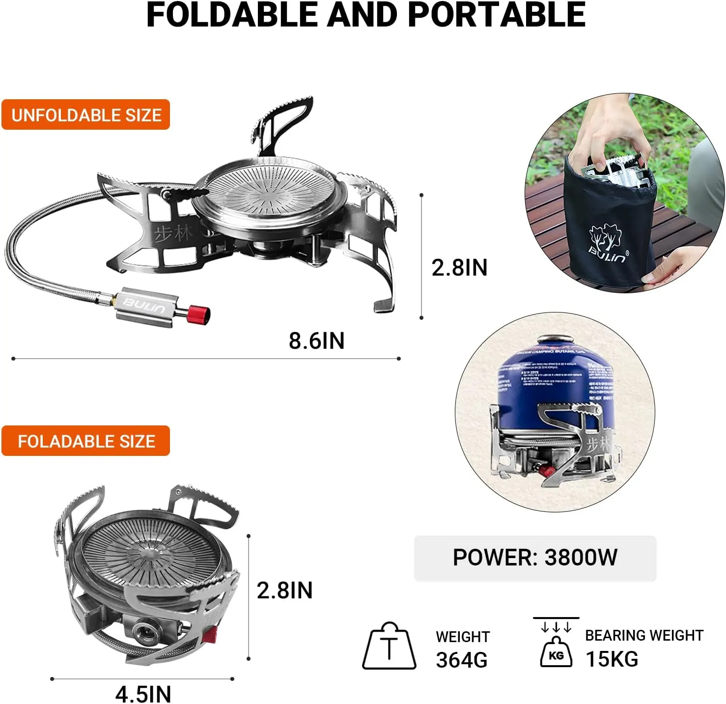 Bulin Camping Gas Stove Burner 3800W/5800W Adjustable Ultralight Backpacking Stove Windproof Camp Portable Propane Stove for Camping Hiking Backpack Outdoor