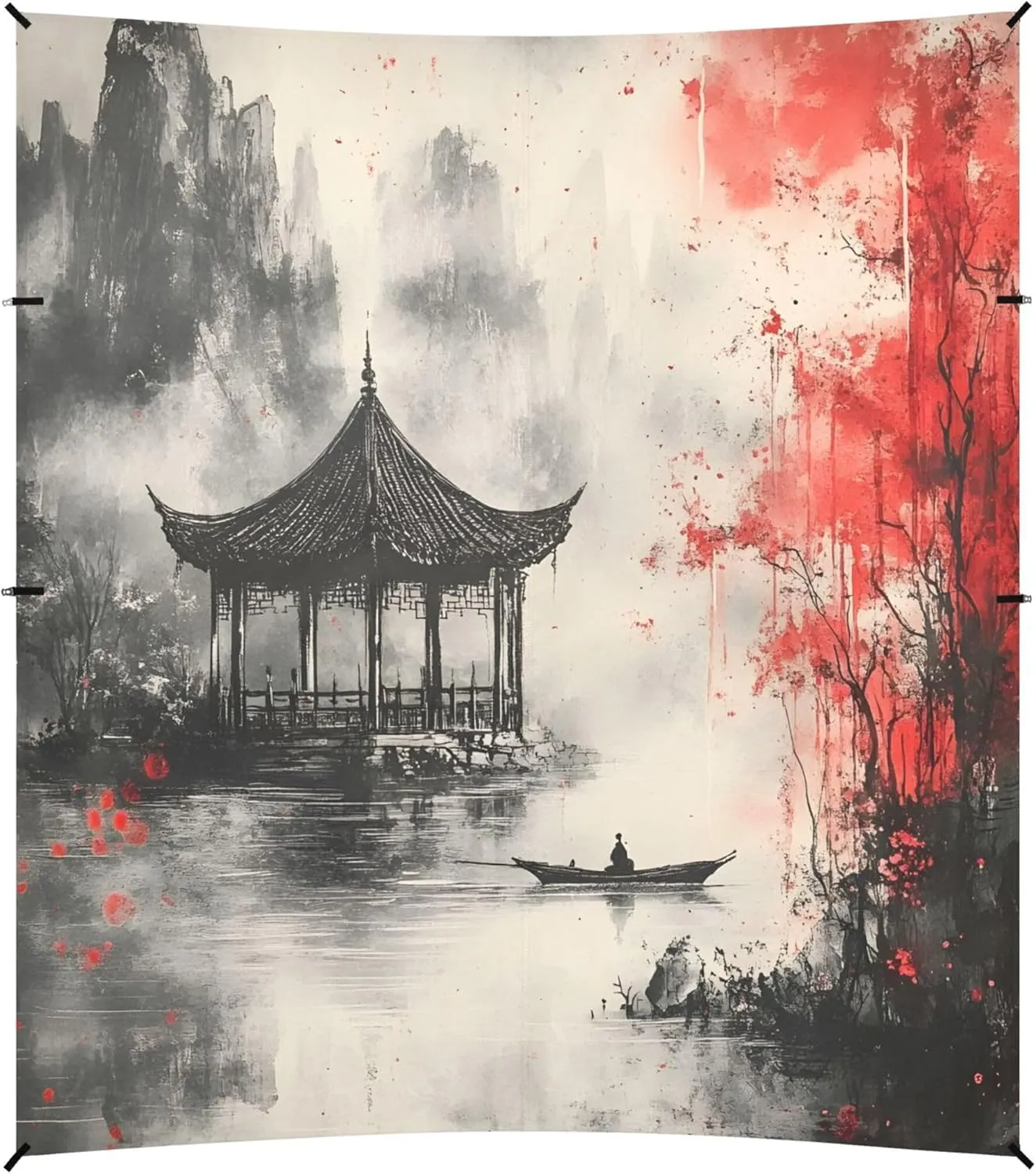 Burbuja Chinese Ink Painting Beach Canopy Windproof Beach Tent Sun Shade with 4 Sandbags & Sand Shovel, Portable Sun Shelter for Family Camping Picnic
