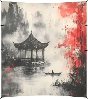 Burbuja Chinese Ink Painting Beach Canopy Windproof Beach Tent Sun Shade with 4 Sandbags & Sand Shovel, Portable Sun Shelter for Family Camping Picnic