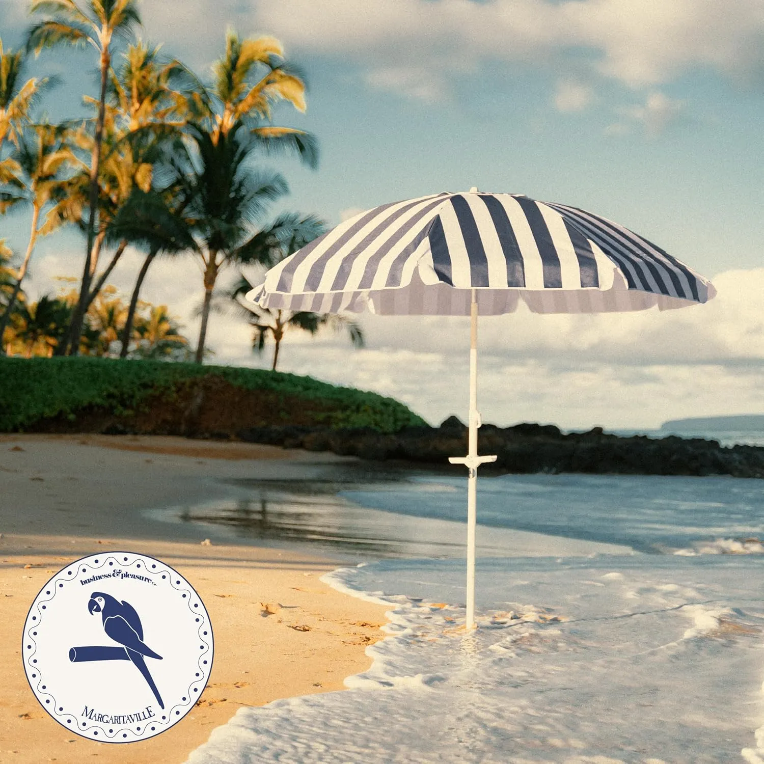 Business & Pleasure Co. Margaritaville Manana Umbrella - 6.5' Beach Umbrella Sand Anchor, 7' Tall Telescopic Aluminum Pole, UPF 50 