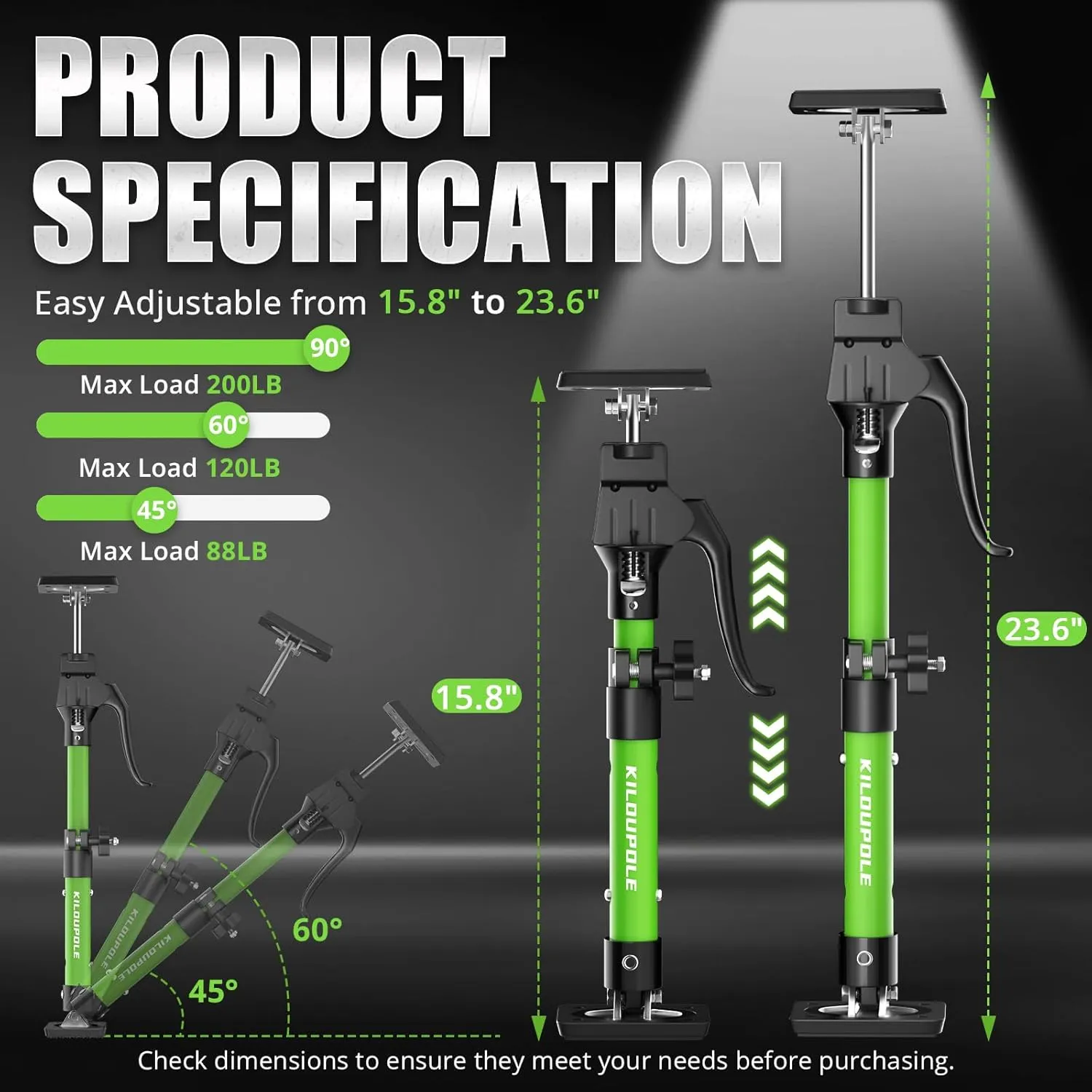 Cabinet Jack Support Pole, 15.8-23.6 Inches Steel Telescopic Quick Support Rod, Third Hand Tool Support System, Drywall Jack, Cargo Bars, 200 LB Capacity, 2-Pack