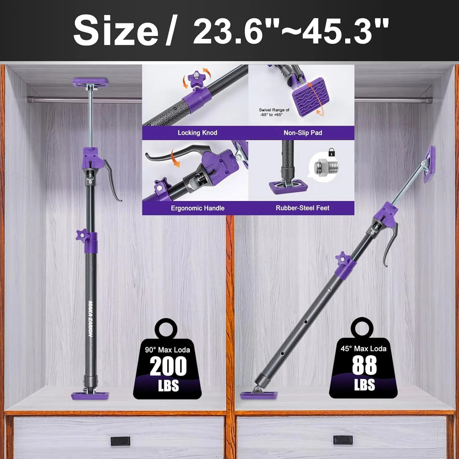 Cabinet Jack Support Pole, Third Hand Tools, 23.6"-45.3" inches, Steel Telescopic Adjustable Support Pole, Capacity for Cabinet Jack, Drywall Jack& Cargo Bars, 2-Pack