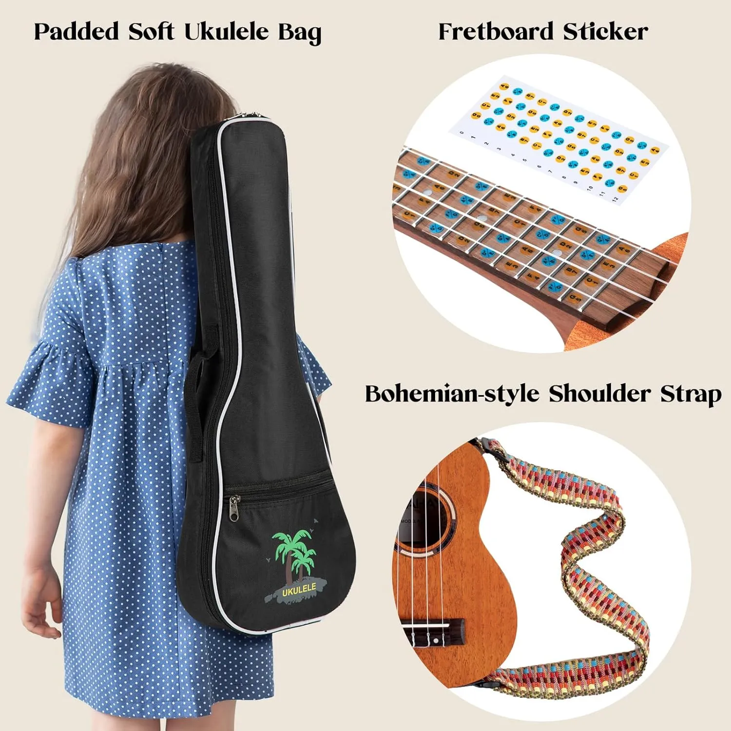 CAHAYA Soprano Ukulele for Beginner: 21 Inch Ukulele Kit Starter with Carrying Bag, Shoulder Strap, Fretboard Stickers, for Both Adults and Kids in Mahogany CY0335
