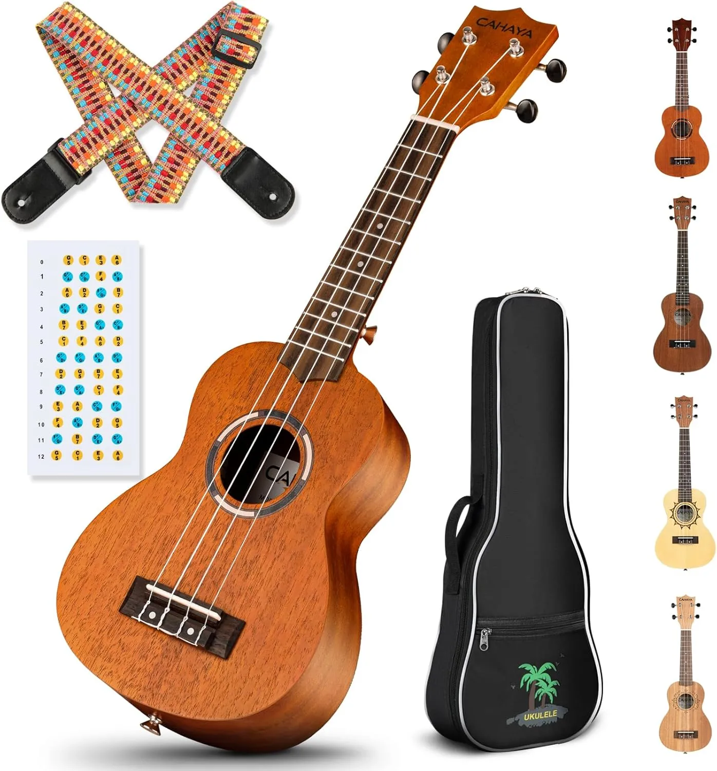 CAHAYA Soprano Ukulele for Beginner: 21 Inch Ukulele Kit Starter with Carrying Bag, Shoulder Strap, Fretboard Stickers, for Both Adults and Kids in Mahogany CY0335