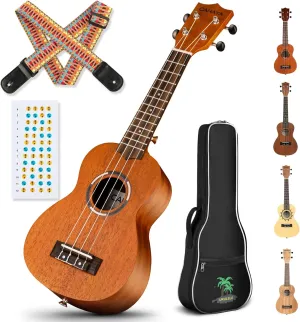 CAHAYA Soprano Ukulele for Beginner: 21 Inch Ukulele Kit Starter with Carrying Bag, Shoulder Strap, Fretboard Stickers, for Both Adults and Kids in Mahogany CY0335