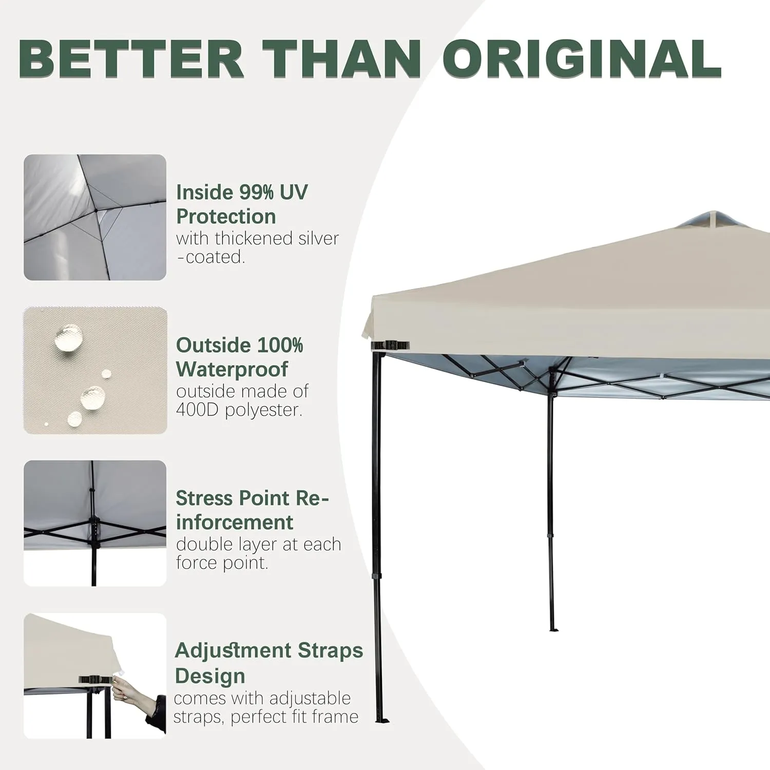 Canopy Replacement Top Silver Coated with Air Vent Upgraded Adjustable Straps for Most 10x10 Straight Leg Frame, (Beige)