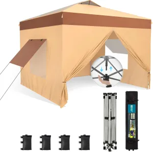 Canopy Tent Pop Up 10x10 ft One Person Push Set Up Tent with 4 Sidewalls, Outdoor Canopies Shelter Heavy Duty Straight Legs with 4 Sandbags & 1 Roller Bag, 8 Stakes & 4 Guy Ropes, UPF50 , Beige