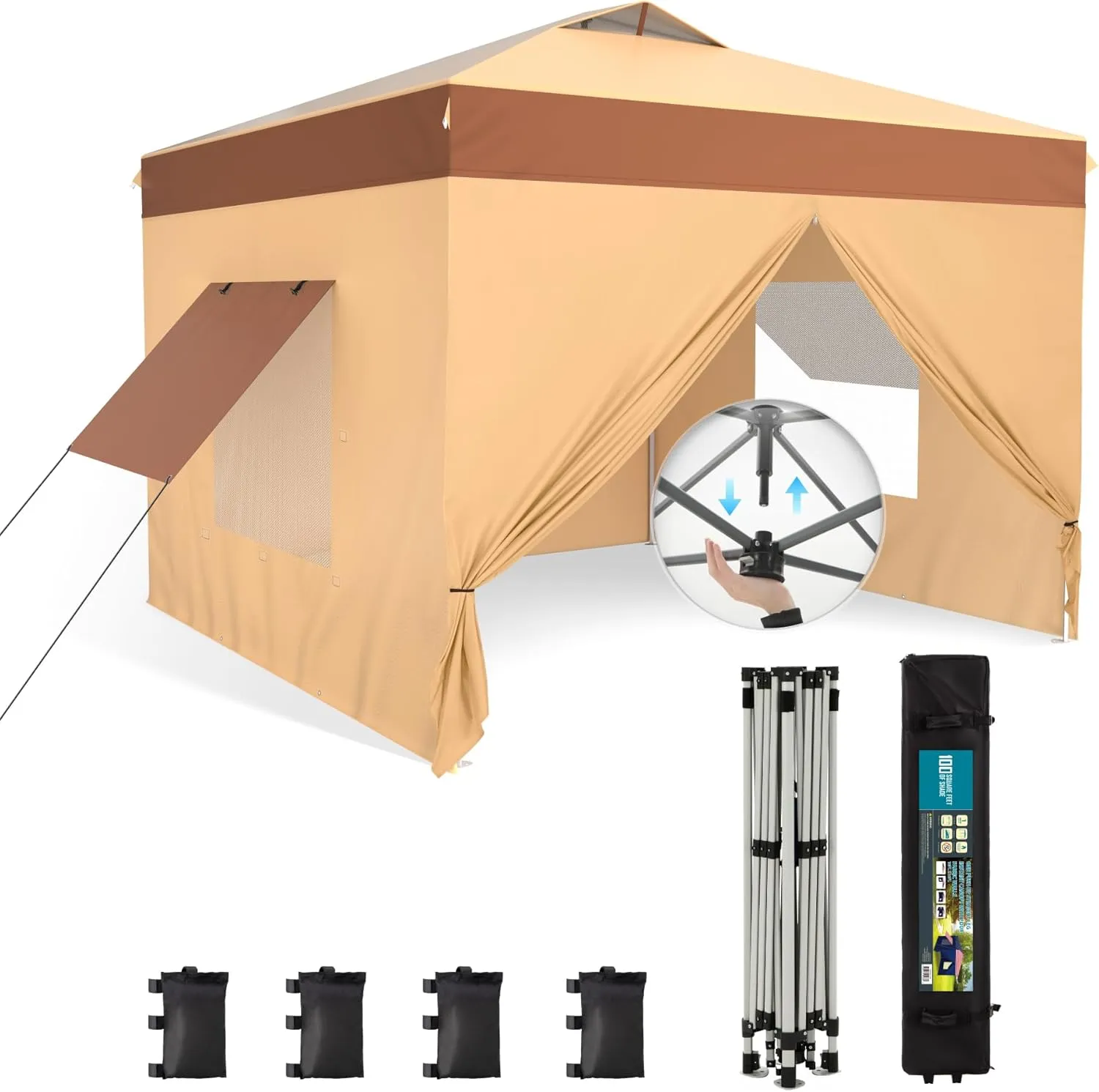 Canopy Tent Pop Up 10x10 ft One Person Push Set Up Tent with 4 Sidewalls, Outdoor Canopies Shelter Heavy Duty Straight Legs with 4 Sandbags & 1 Roller Bag, 8 Stakes & 4 Guy Ropes, UPF50 , Beige