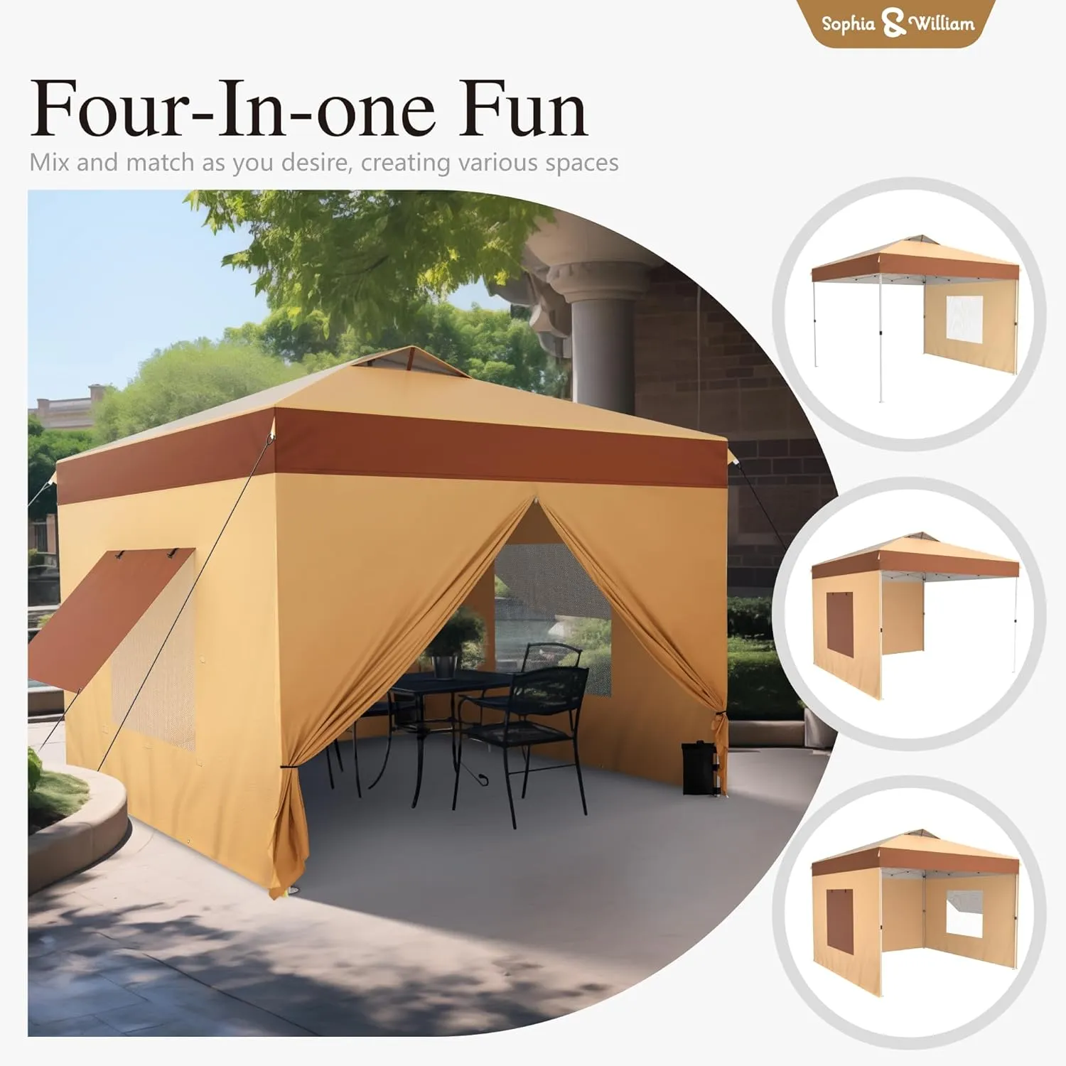 Canopy Tent Pop Up 10x10 ft One Person Push Set Up Tent with 4 Sidewalls, Outdoor Canopies Shelter Heavy Duty Straight Legs with 4 Sandbags & 1 Roller Bag, 8 Stakes & 4 Guy Ropes, UPF50 , Beige