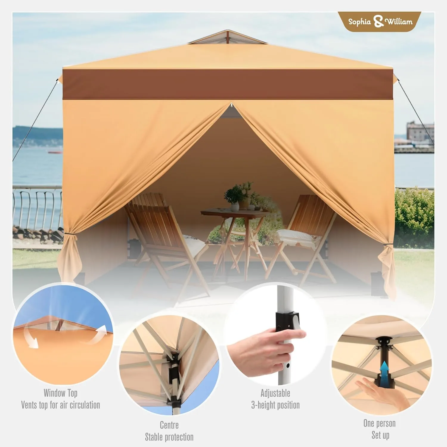 Canopy Tent Pop Up 10x10 ft One Person Push Set Up Tent with 4 Sidewalls, Outdoor Canopies Shelter Heavy Duty Straight Legs with 4 Sandbags & 1 Roller Bag, 8 Stakes & 4 Guy Ropes, UPF50 , Beige