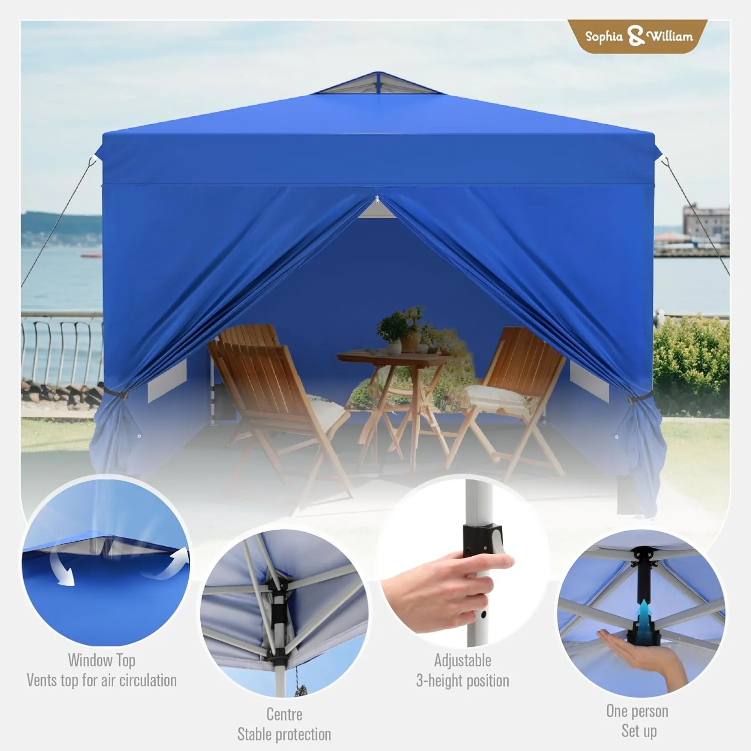 Canopy Tent Pop Up 10x10 ft One Person Push Set Up Tent with 4 Sidewalls, Outdoor Canopies Shelter Heavy Duty Straight Legs with 4 Sandbags & 1 Roller Bag, 8 Stakes & 4 Guy Ropes, UPF50 , Blue