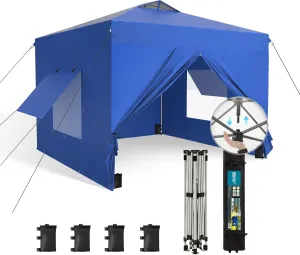 Canopy Tent Pop Up 10x10 ft One Person Push Set Up Tent with 4 Sidewalls, Outdoor Canopies Shelter Heavy Duty Straight Legs with 4 Sandbags & 1 Roller Bag, 8 Stakes & 4 Guy Ropes, UPF50 , Blue