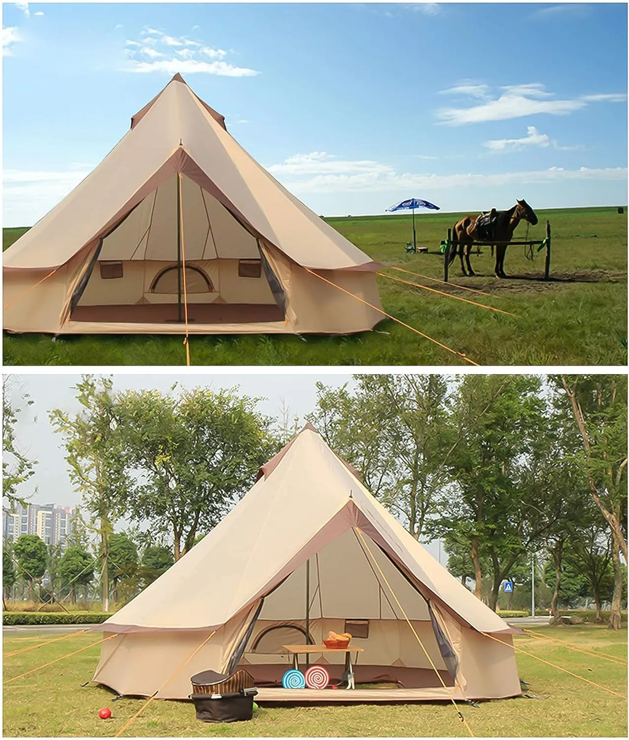 Canvas Bell Tent with Stove Hole, Cotton Canvas Tent, Yurt Tent for Camping, Waterproof Bell Tent 4 Seasons for Family Camping, Outdoor Hunting, Glamping, Festival, T