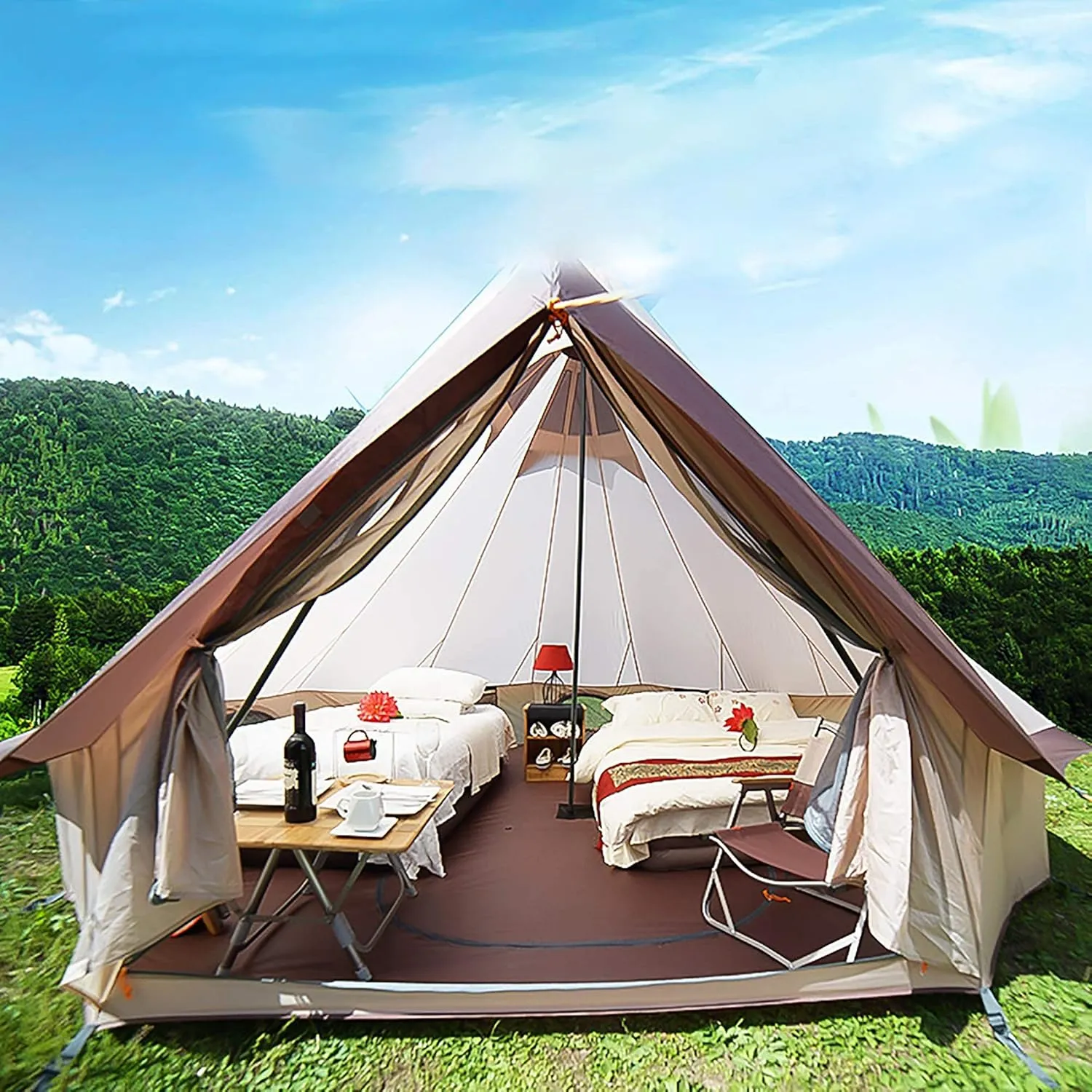 Canvas Bell Tent with Stove Hole, Cotton Canvas Tent, Yurt Tent for Camping, Waterproof Bell Tent 4 Seasons for Family Camping, Outdoor Hunting, Glamping, Festival, T