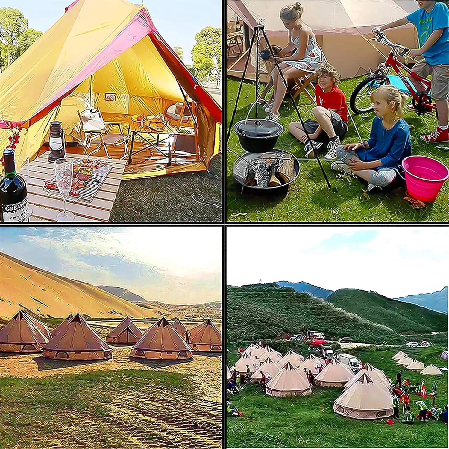 Canvas Bell Tent with Stove Hole, Cotton Canvas Tent, Yurt Tent for Camping, Waterproof Bell Tent 4 Seasons for Family Camping, Outdoor Hunting, Glamping, Festival, T