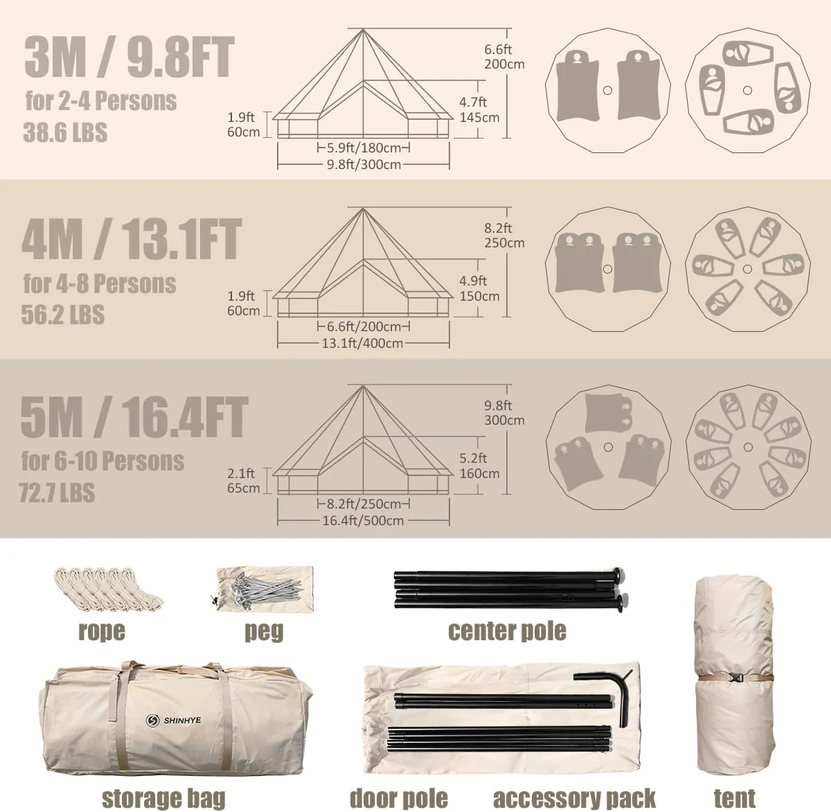 Canvas Tent Bell Tent Yurt Tents 4 Seasons for Camping 100% Cotton Glamping Tents with Stove Jack, Family Camping Outdoor Hunting Party