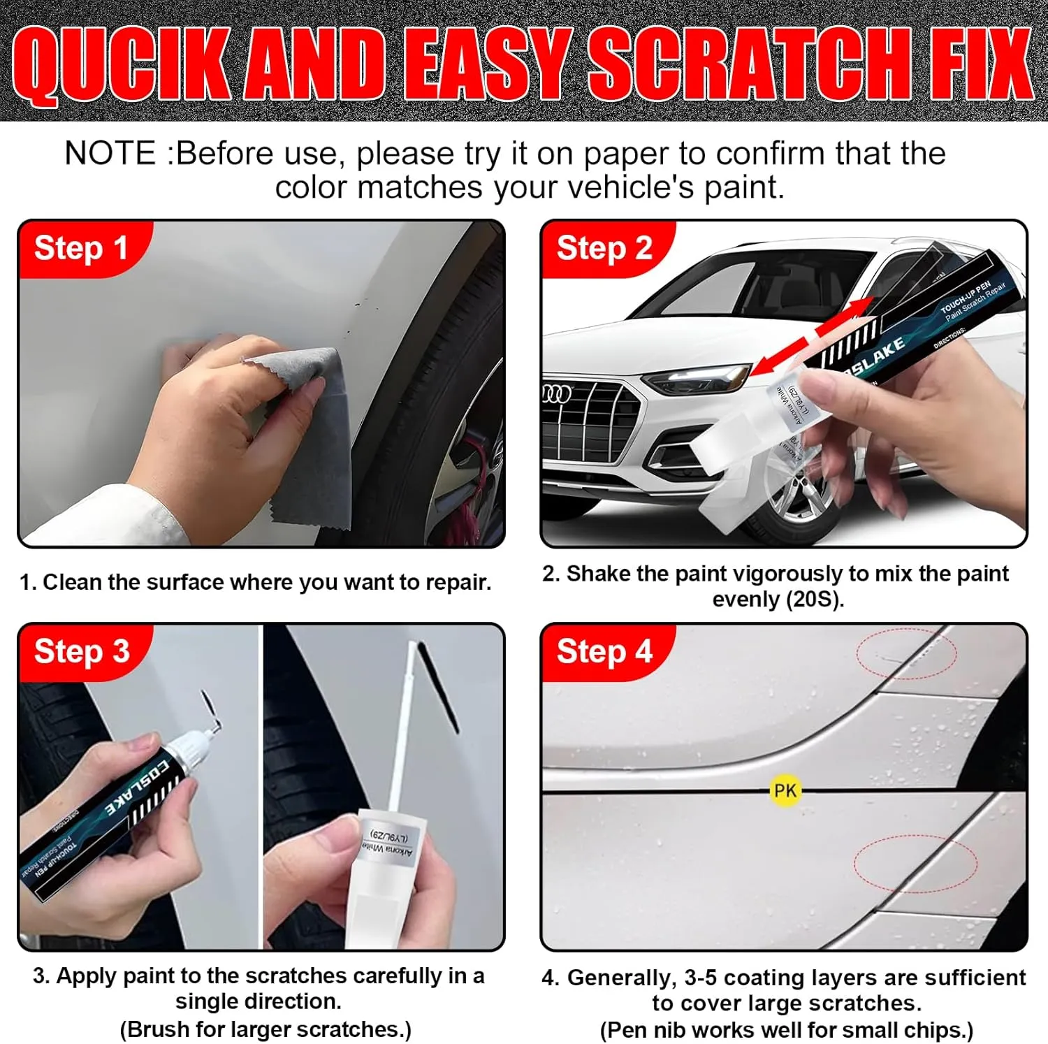 Car Touch Up Paint(Glacier White Metallic(LS9R/2Y)) for Audi, Car Paint Scratch Repair Kit, Quick & Easy Solution to Repair, 2 in 1 Scratch Remover Pen with Color-Matched
