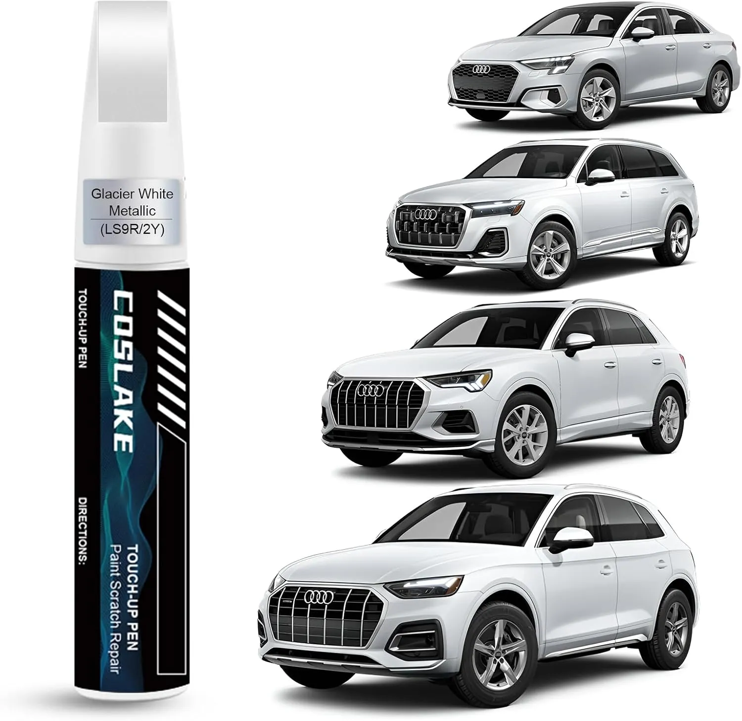 Car Touch Up Paint(Glacier White Metallic(LS9R/2Y)) for Audi, Car Paint Scratch Repair Kit, Quick & Easy Solution to Repair, 2 in 1 Scratch Remover Pen with Color-Matched